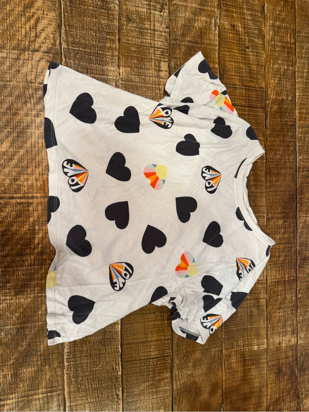 Old Navy White Tee with Black and Multicolor Hearts